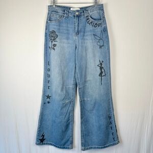 NWT Playboy Denim Jeans Women's 9 Wide Leg Graphic Print Rave Y2K Baggy Iconic